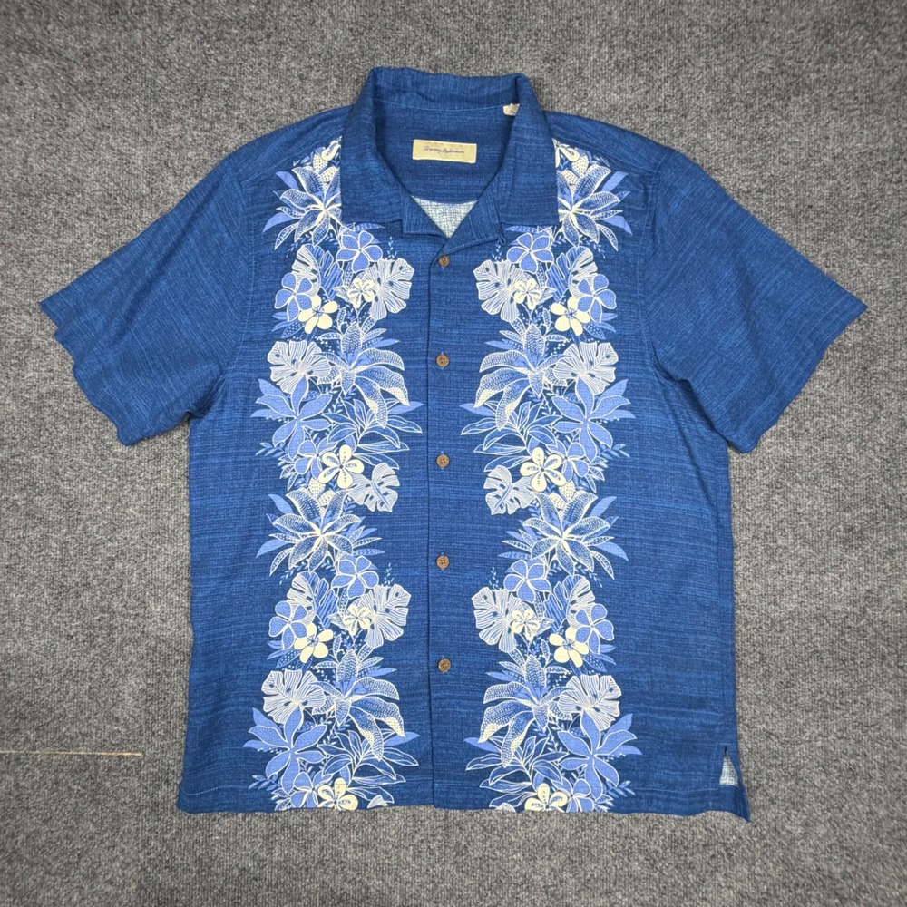 Tommy Bahama Mens Large Blue Silk Floral Tropical Camp Shirt Short Sleeve Button